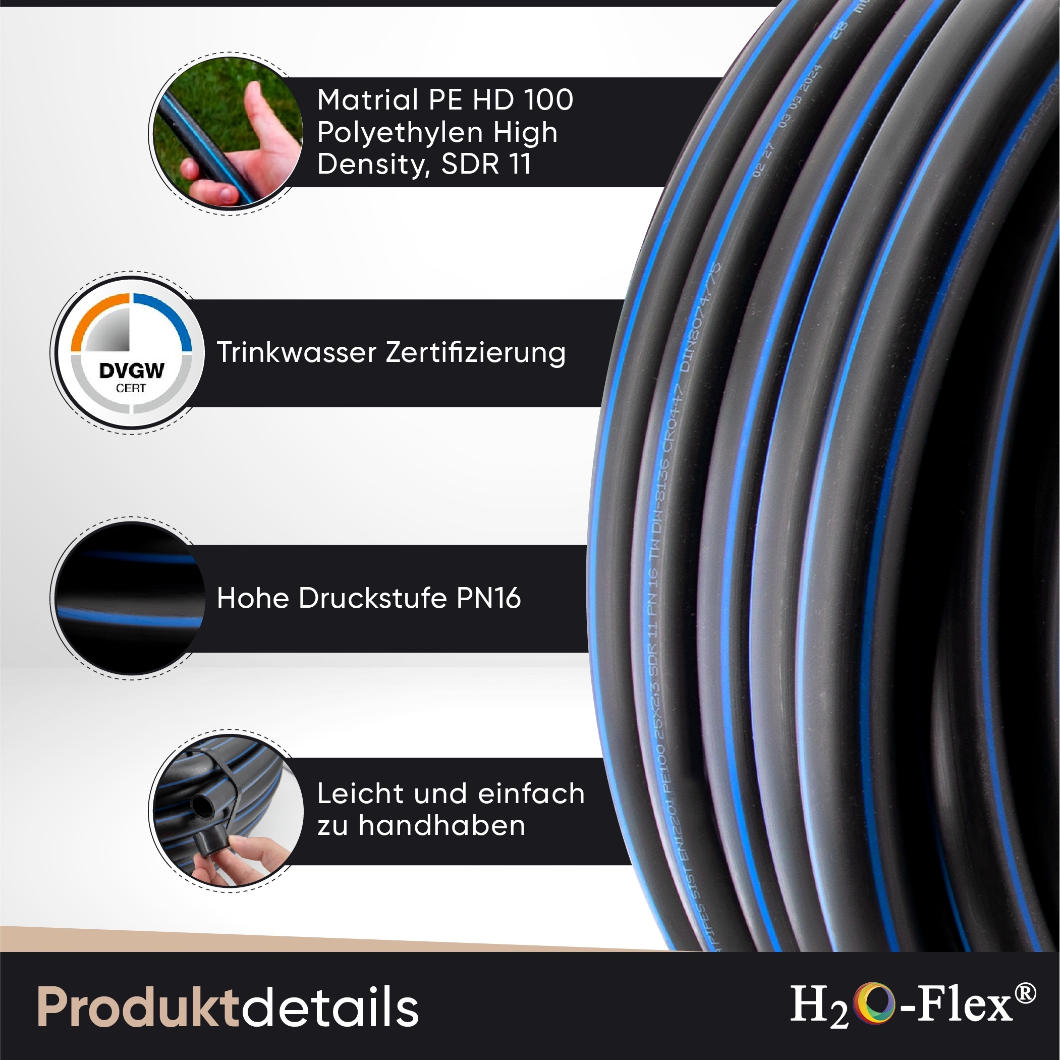 32 x 3,0 PE100 HD-Rohr 25m HDPE PN16 Trinkwasserleitung DVGW