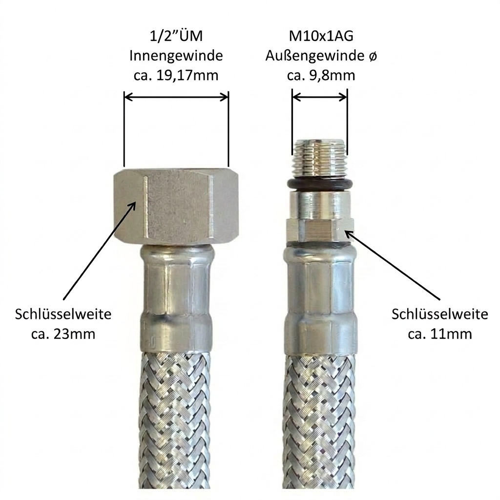 Flexschlauch 1/2"ÜM x M10 x 1 AG für Trinkwasser, DN08, Inliner HDPE, PN10,-15 bis 70°C