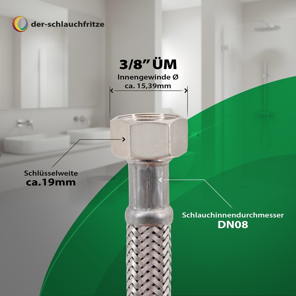 Flexschlauch 3/8"ÜM x 3/8"ÜM für Trinkwasser, DN08, Inliner HDPE, PN10, -15 bis 70°C, 15cm – Bild 3