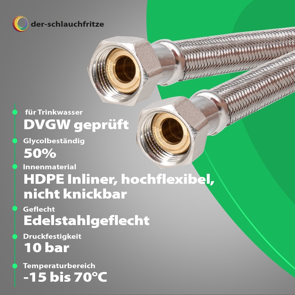 Flexschlauch 1/2"ÜM x 1/2"ÜM für Trinkwasser, DN13, Inliner HDPE, PN10, -15 bis 70°C