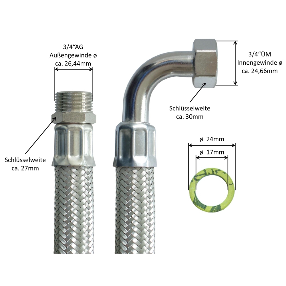 Flexschlauch 3/4"AG x 3/4"ÜM Bogen für Trinkwasser, DN19, Inliner HDPE, PN10, -15 bis 70°C, 30cm – Bild 2