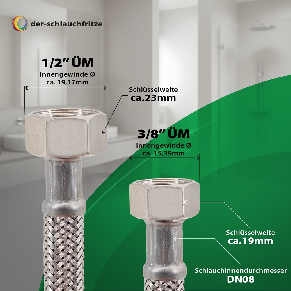 Flexschlauch 3/8"ÜM x 1/2"ÜM für Trinkwasser, DN08, Inliner HDPE, PN10, -15 bis 70°C, 15cm – Bild 3