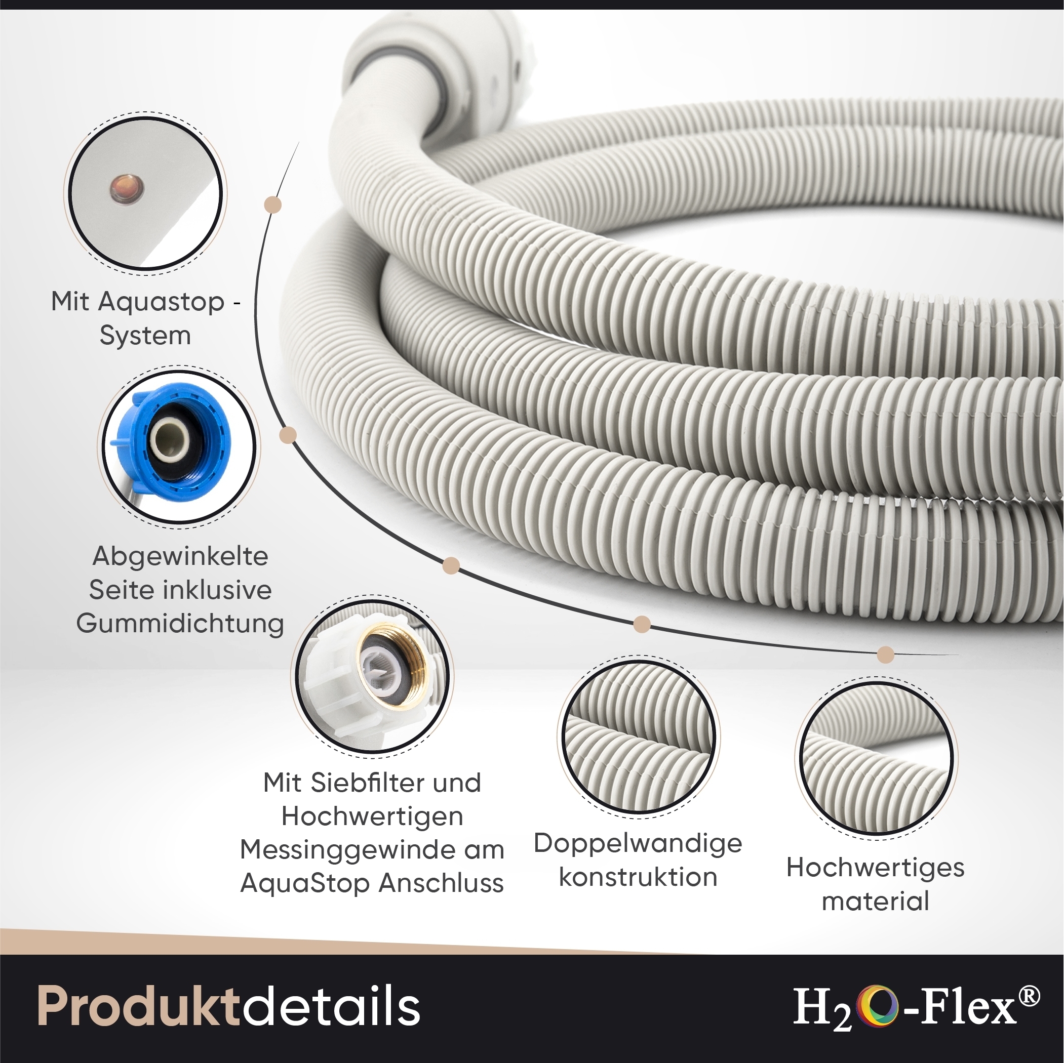 2m Aquastop-Schlauch, 3/4"ÜM x 3/4"ÜM mit Bogen, Zulaufschlauch für die Waschmaschine