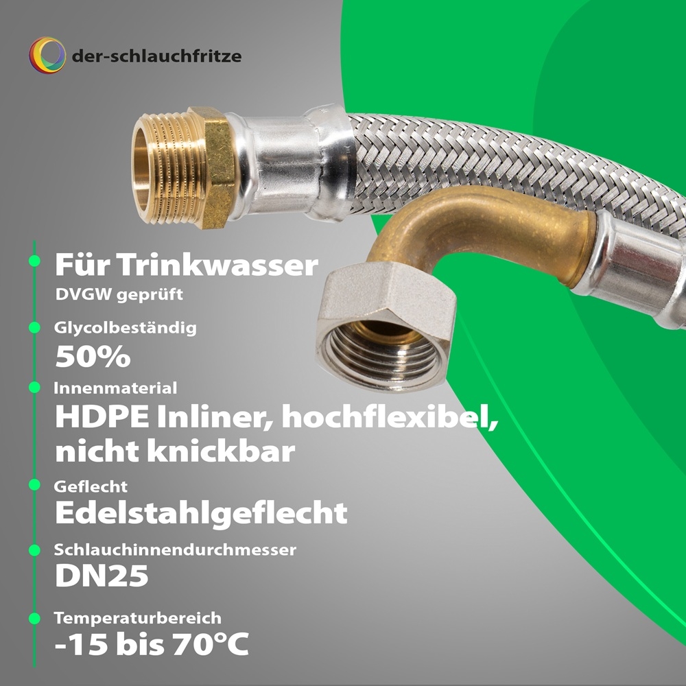 Flexschlauch 1"AG x 1"ÜM Bogen für Trinkwasser, DN25, Inliner HDPE, PN10, -15 bis 70°C, 30cm – Bild 2