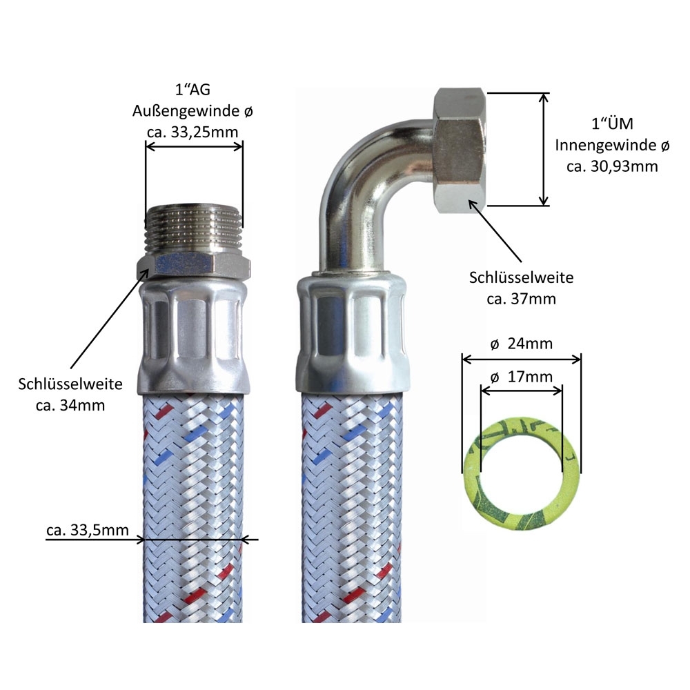 Flexschlauch 1"AG x 1"ÜM Bogen, DN25, Inliner EPDM, Geflecht verzinkt, PN10, -20 bis 90°C, 30cm – Bild 3