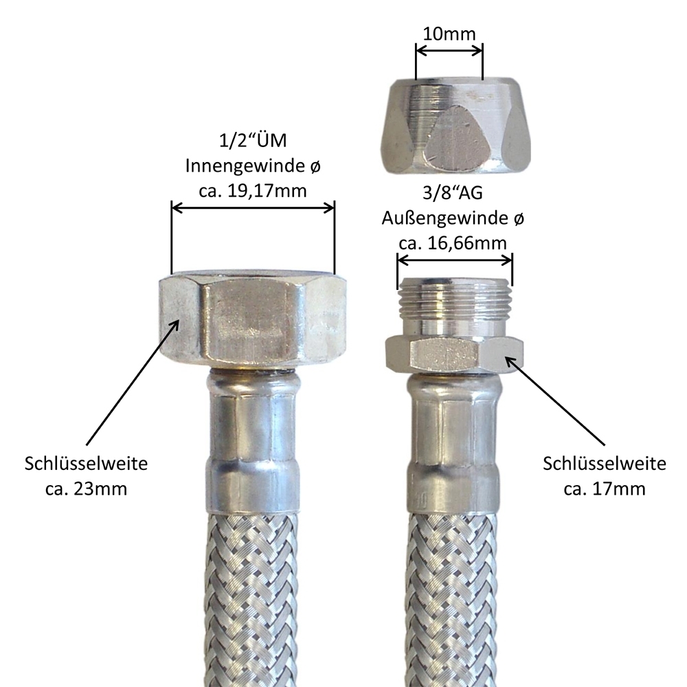 Flexschlauch 1/2"ÜM x 10mm Quetsch für Trinkwasser, DN08, Inliner HDPE, PN10, -15 bis 70°C, 20cm – Bild 3