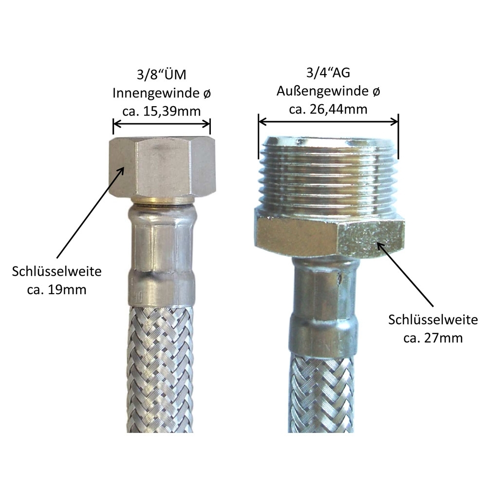 Flexschlauch 3/8"ÜM x 3/4"AG für Trinkwasser, DN08, Inliner HDPE, PN10, -15 bis 70°C