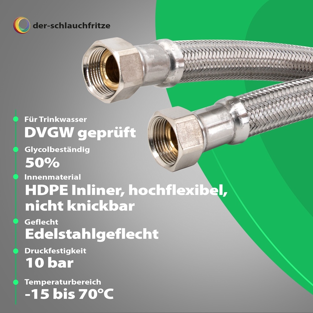Flexschlauch 3/4"ÜM x 3/4"ÜM für Trinkwasser, DN19, Inliner HDPE, PN10, -15 bis 70°C