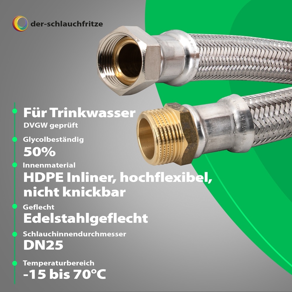 Flexschlauch 1"ÜM x 1"AG für Trinkwasser, DN25, Inliner HDPE, PN10, -15 bis 70°C