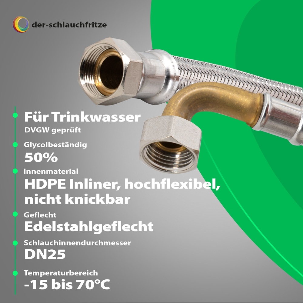 Flexschlauch 1"ÜM x 1"ÜM Bogen für Trinkwasser, DN25, Inliner HDPE, PN10, -15 bis 70°C, 30cm – Bild 2