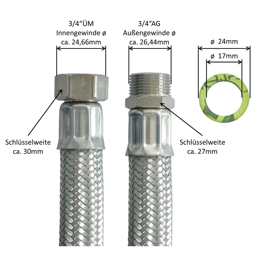 Flexschlauch 3/4"ÜM x 3/4"AG für Trinkwasser, DN19, Inliner HDPE, PN10, -15 bis 70°C, 30cm – Bild 3