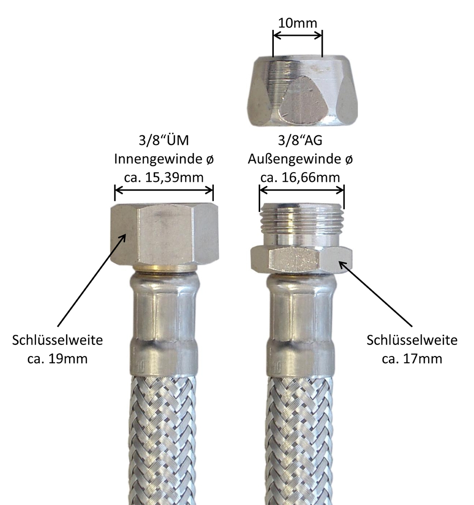 Flexschlauch 3/8"ÜM x 10mm Quetsch für Trinkwasser, DN08, Inliner HDPE, PN10, -15 bis 70°C, 15cm – Bild 3
