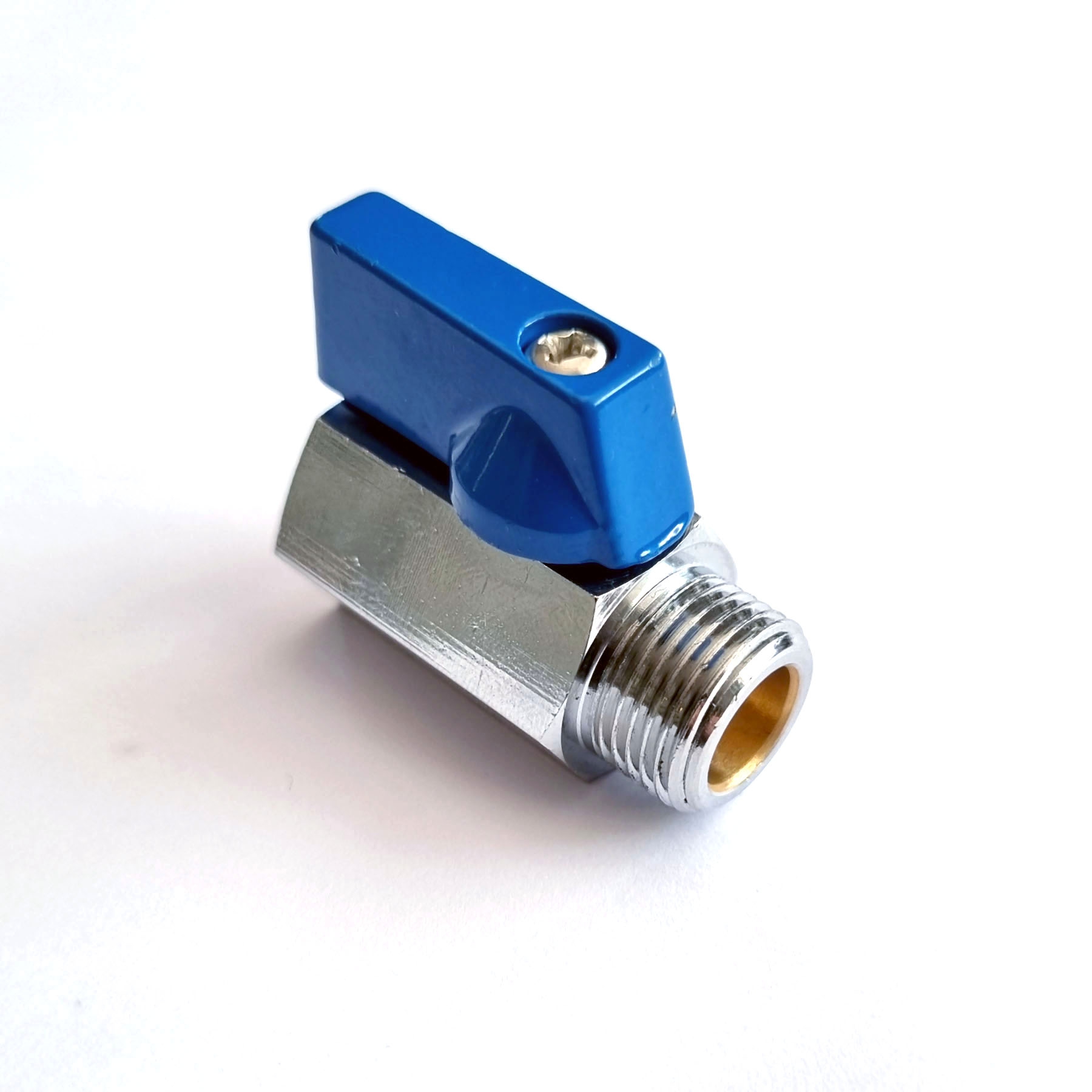 Mini-Kugelhahn flachdichtend, Absperrventil Messing, Anschluss IG auf AG, 3/8"