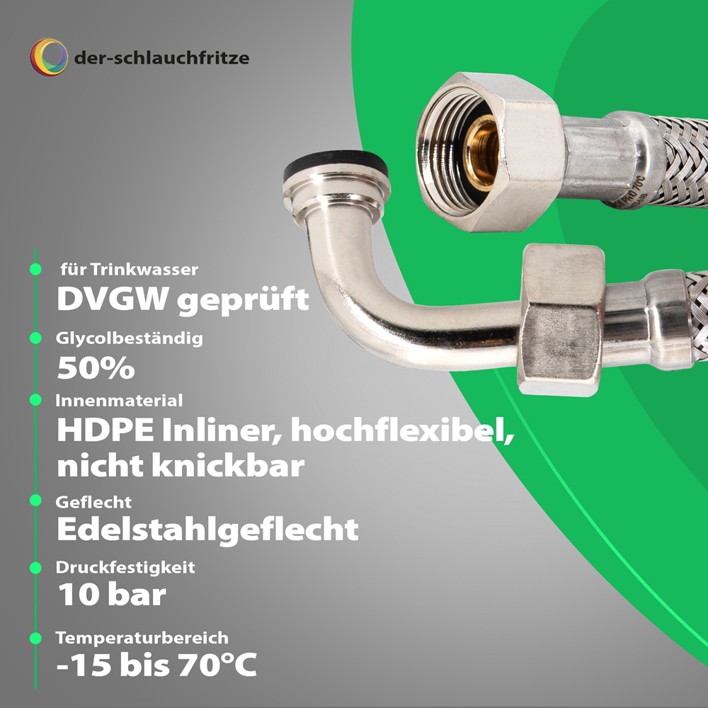 Flexschlauch 3/8"ÜM x 3/8"ÜM Bogen für Trinkwasser, DN08, Inliner HDPE, PN10, -15 bis 70°C, 15cm – Bild 2