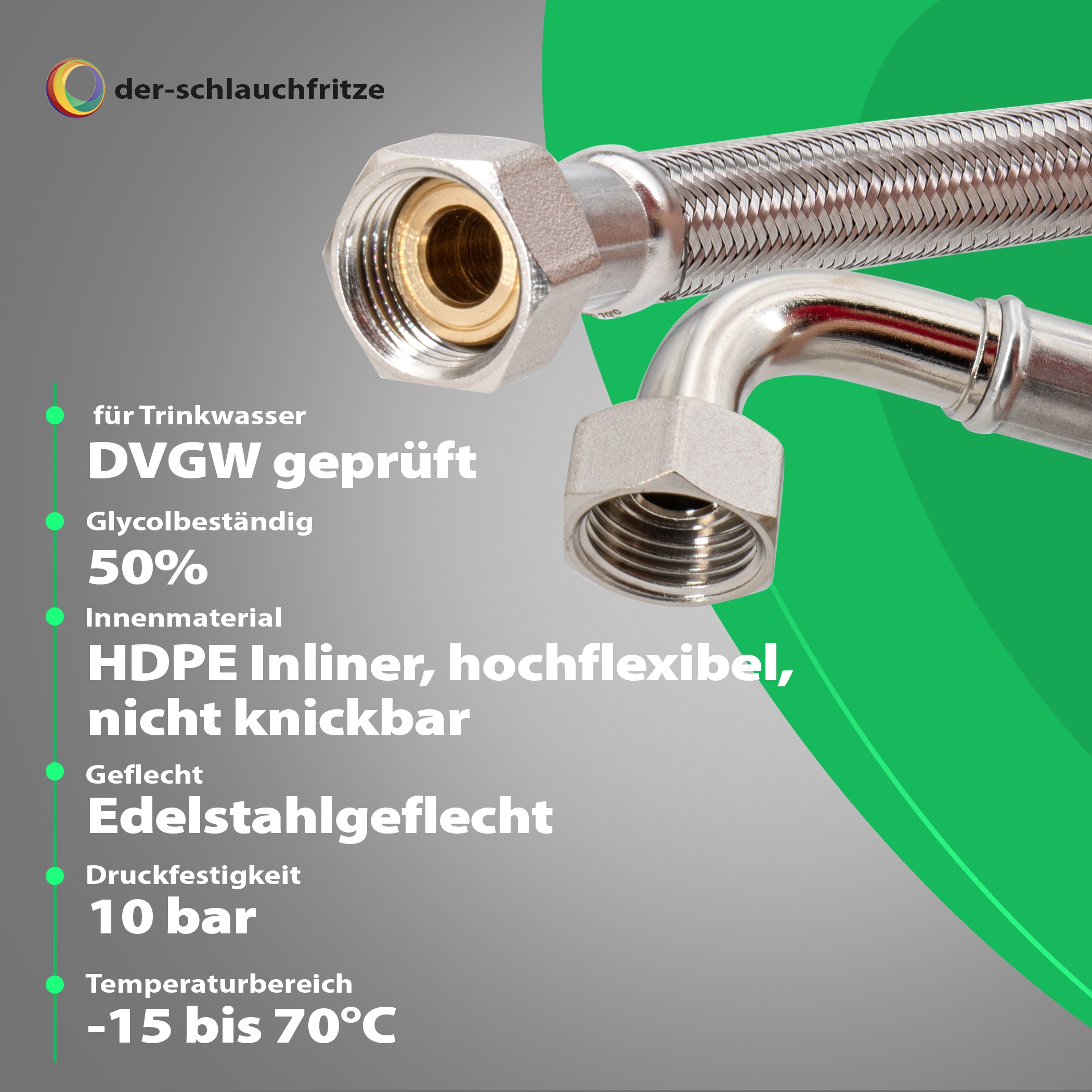Flexschlauch 1/2"ÜM x 1/2"Bogen für Trinkwasser, DN13, Inliner HDPE, PN10, -15 bis 70°C