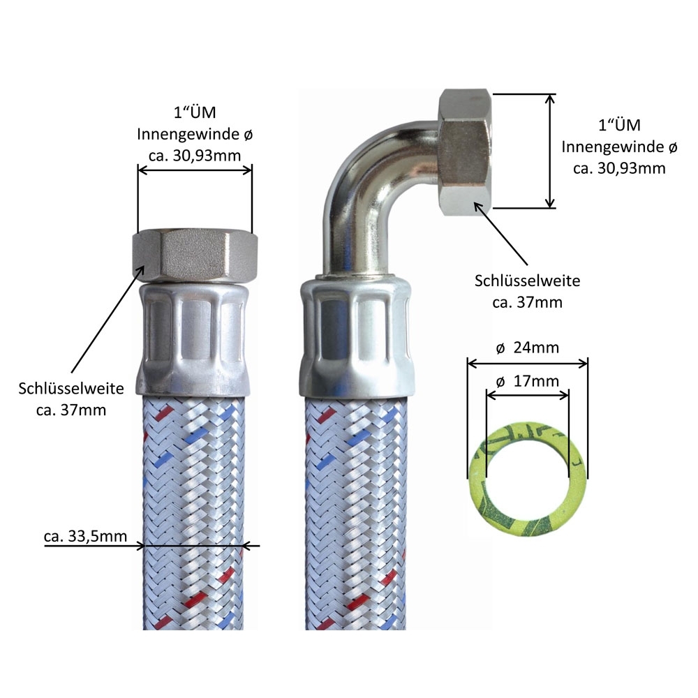 Flexschlauch 1"ÜM x 1"ÜM Bogen, DN25, Inliner EPDM, Geflecht verzinkt, PN10, -20 bis 90°C, 30cm – Bild 3