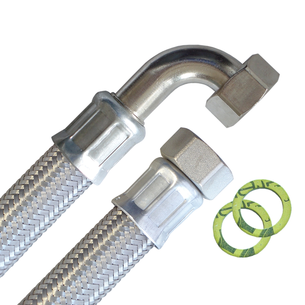 Flexschlauch 3/4"ÜM x 3/4"ÜM Bogen, DN19, Inliner EPDM, Geflecht VA, PN10, -20 bis 90°C