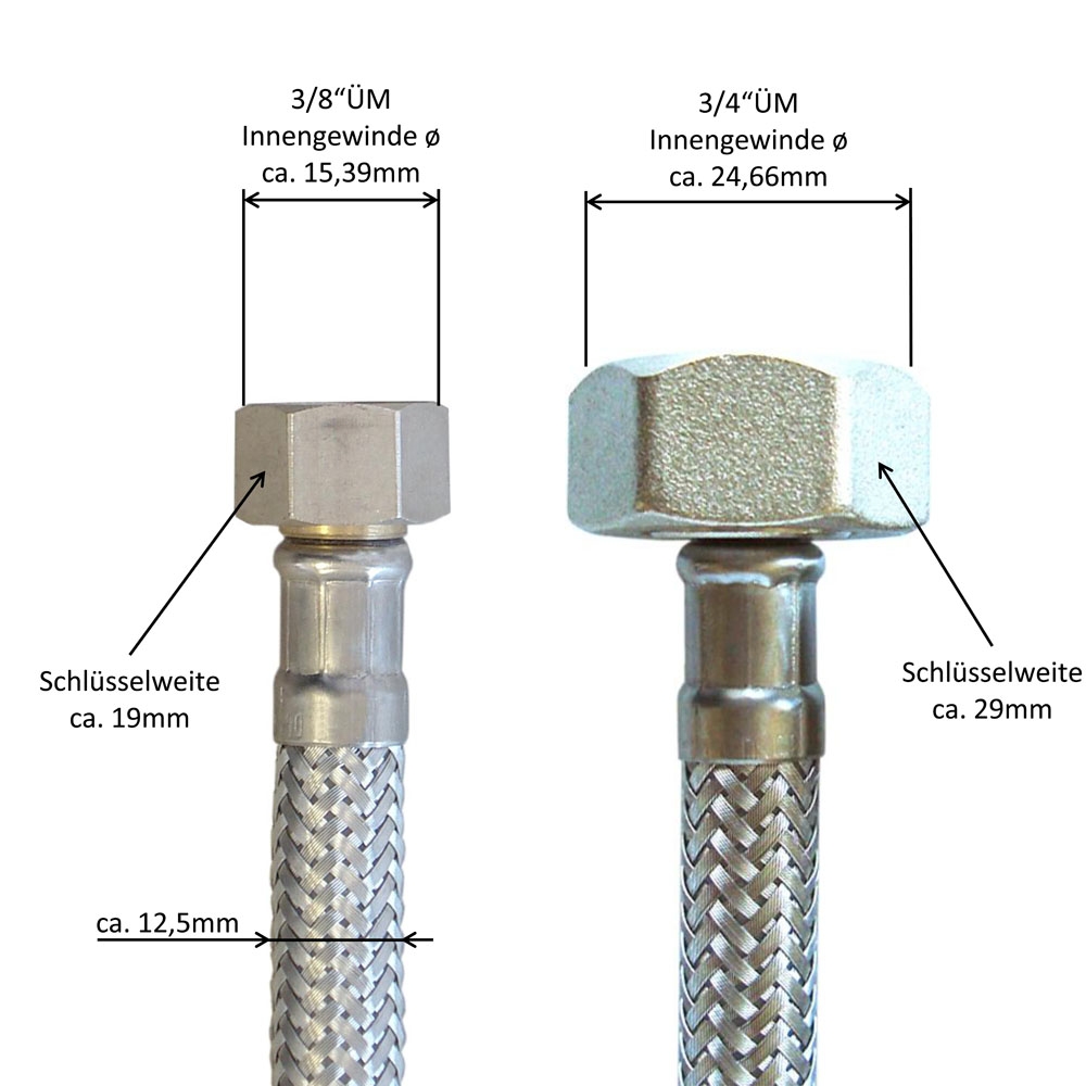 Flexschlauch 3/8"ÜM x 3/4"ÜM für Trinkwasser, DN08, Inliner HDPE, PN10, -15 bis 70°C, 20cm – Bild 3