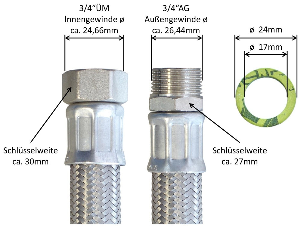Flexschlauch 3/4"ÜM x 3/4"AG, DN19, Inliner EPDM, Geflecht VA, PN10, -20 bis 90°C, 30cm – Bild 3