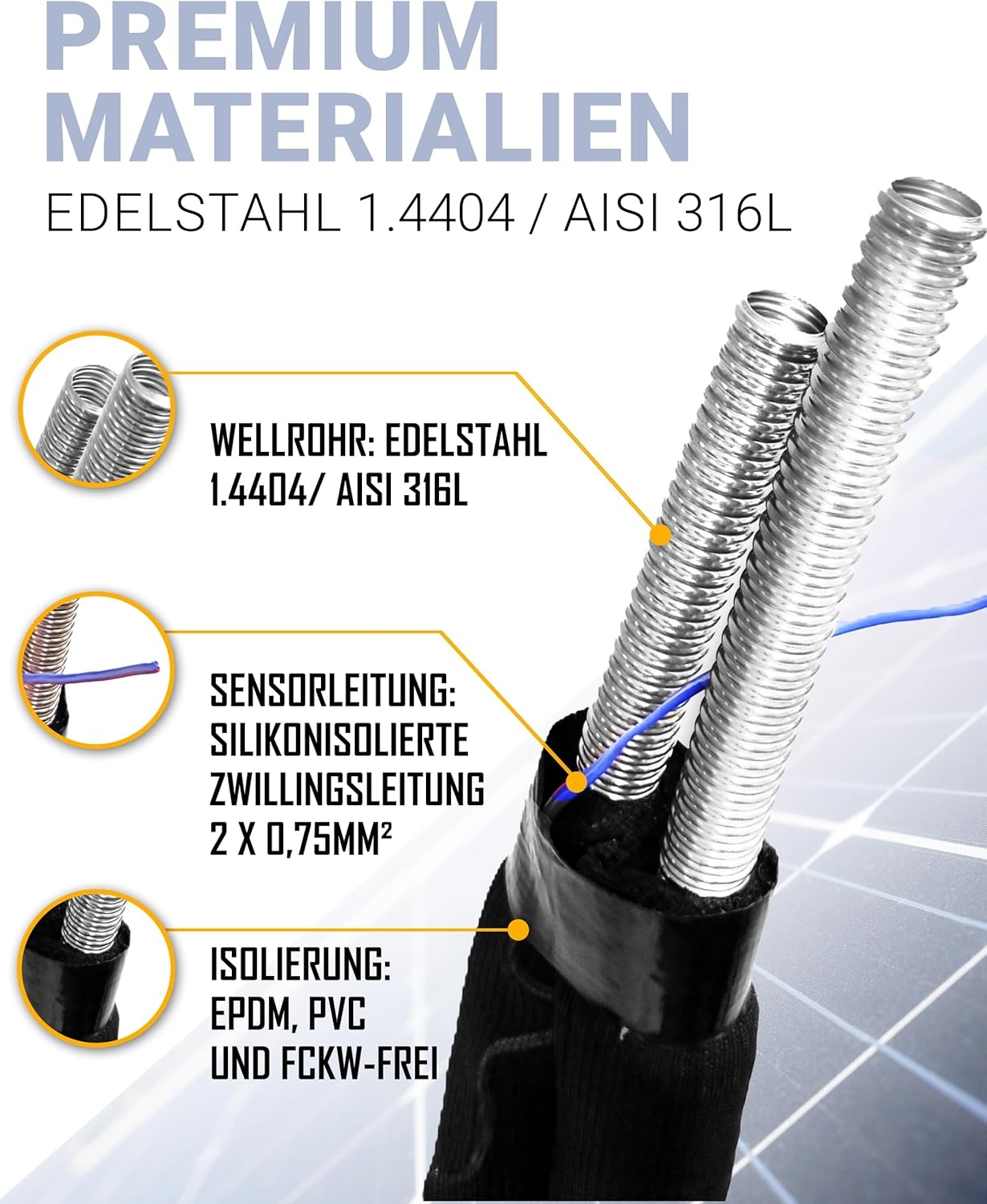 DN20 (1") Solarrohr Solarleitung Edelstahlwellrohr mit 13mm EPDM Isolierung, 5m-25m, Verschraubung b