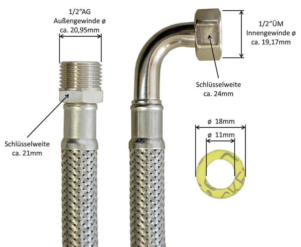 Flexschlauch 1/2"AG x 1/2"Bogen für Trinkwasser, DN13, Inliner HDPE, PN10, -15 bis 70°C, 30cm – Bild 3