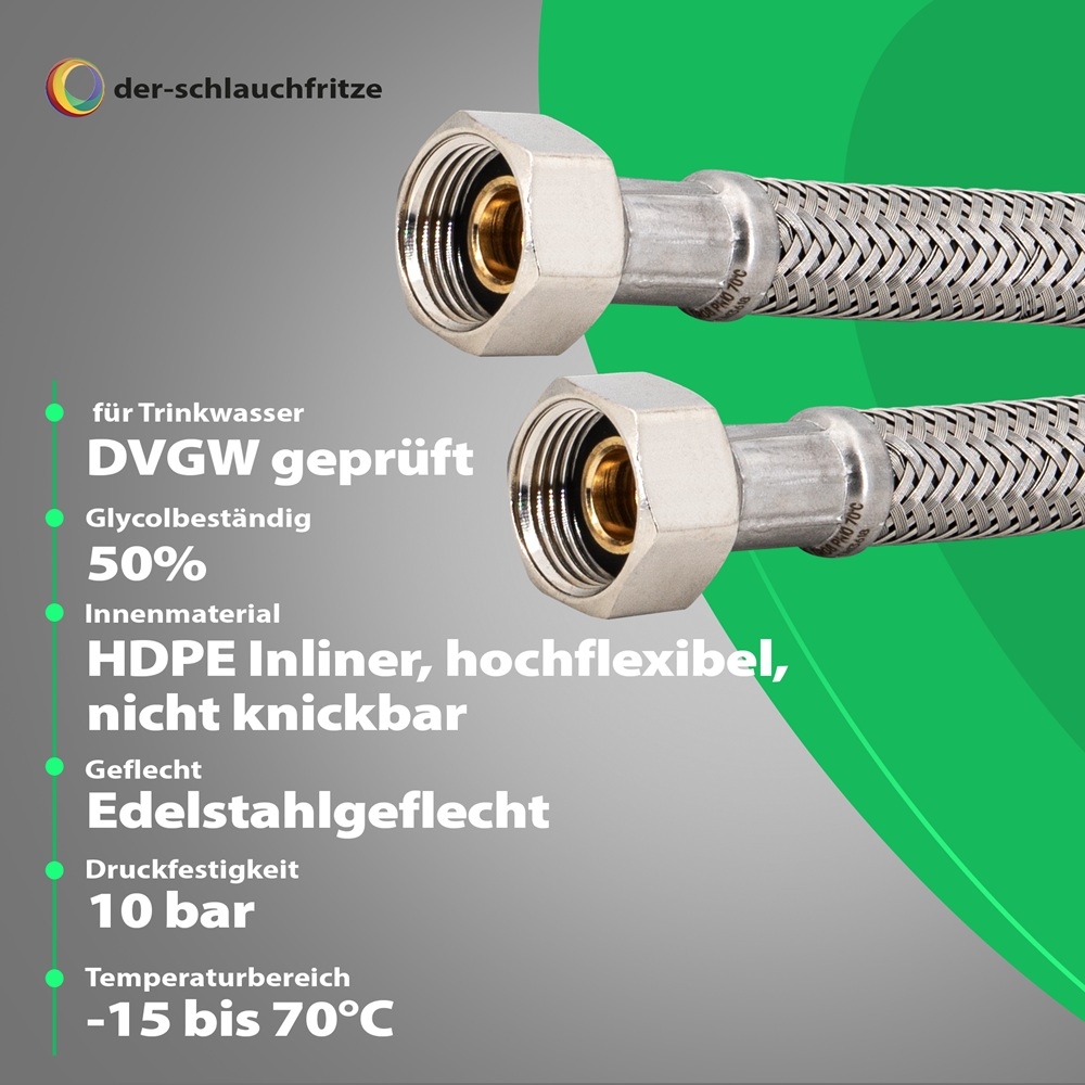 Flexschlauch 3/8"ÜM x 3/8"ÜM für Trinkwasser, DN08, Inliner HDPE, PN10, -15 bis 70°C, 15cm – Bild 2