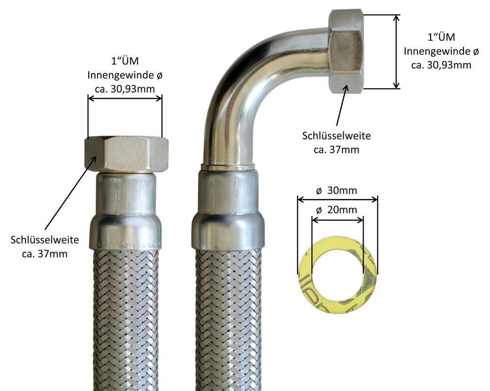 Flexschlauch 1"ÜM x 1"ÜM Bogen für Trinkwasser, DN25, Inliner HDPE, PN10, -15 bis 70°C, 30cm – Bild 3