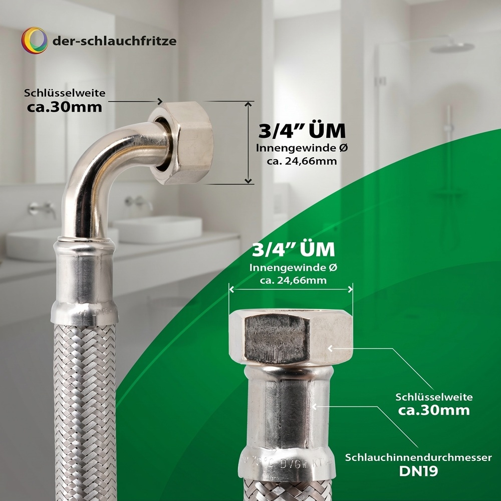 Flexschlauch 3/4"ÜM x 3/4"ÜM Bogen für Trinkwasser, DN19, Inliner HDPE, PN10, -15 bis 70°C, 30cm – Bild 3