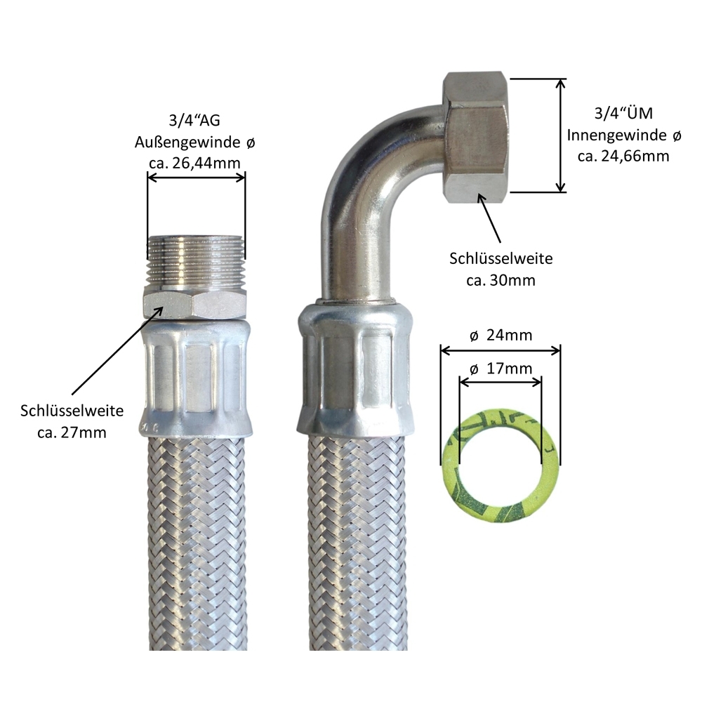 Flexschlauch 3/4"AG x 3/4"ÜM Bogen, DN19, Inliner EPDM, Geflecht VA, PN10, -20 bis 90°C