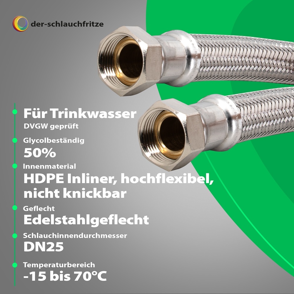 Flexschlauch 1"ÜM x 1"ÜM für Trinkwasser, DN25, Inliner HDPE, PN10, -15 bis 70°C