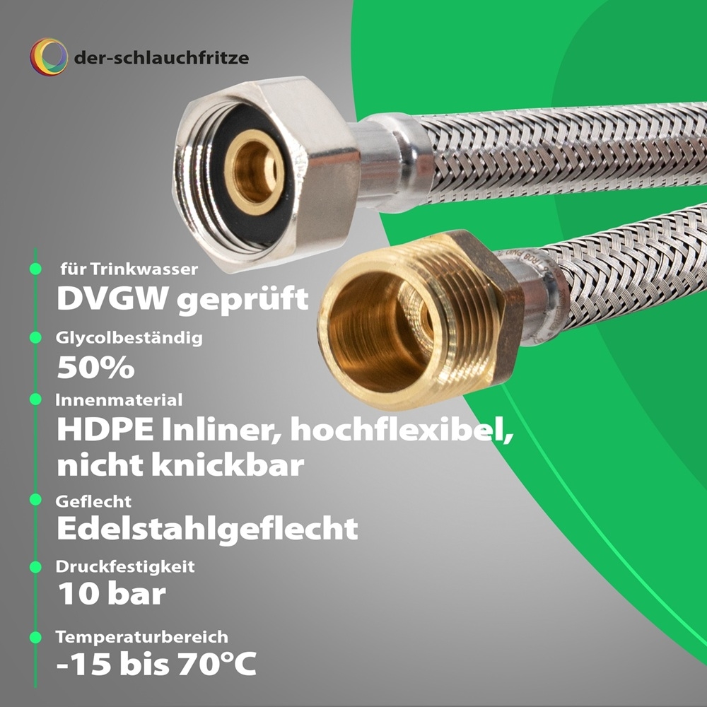 Flexschlauch 1/2"ÜM x 1/2"AG für Trinkwasser, DN08, Inliner HDPE, PN10, -15 bis 70°C, 20cm – Bild 2