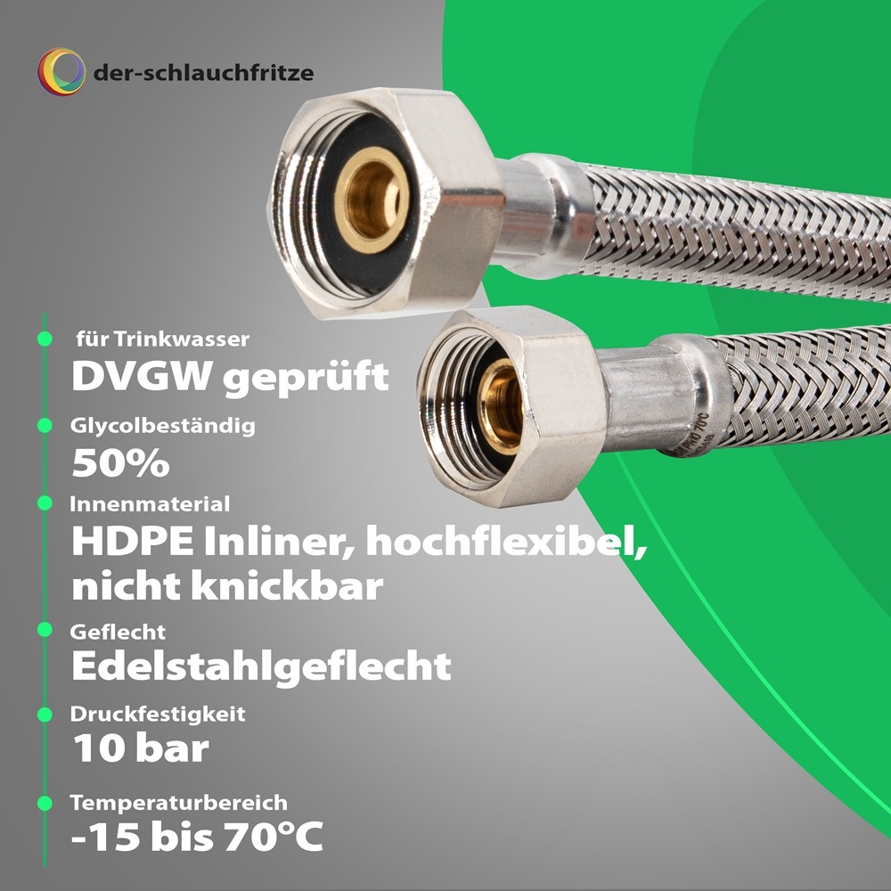 Flexschlauch 3/8"ÜM x 1/2"ÜM für Trinkwasser, DN08, Inliner HDPE, PN10, -15 bis 70°C, 15cm – Bild 2