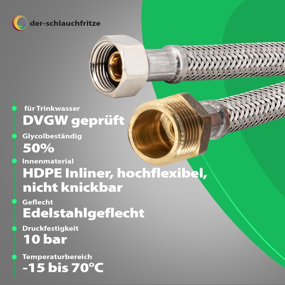 Flexschlauch 3/8"ÜM x 1/2"AG für Trinkwasser, DN08, Inliner HDPE, PN10, -15 bis 70°C, 20cm – Bild 2