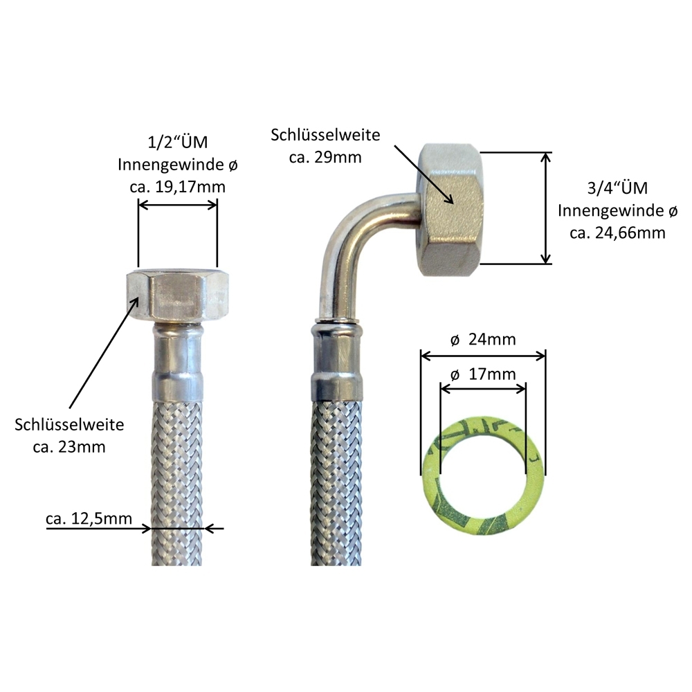 Flexschlauch 1/2"ÜM x 3/4"ÜM Bogen für Trinkwasser, DN08, Inliner HDPE, PN10, -15 bis 70°C, 20cm – Bild 3