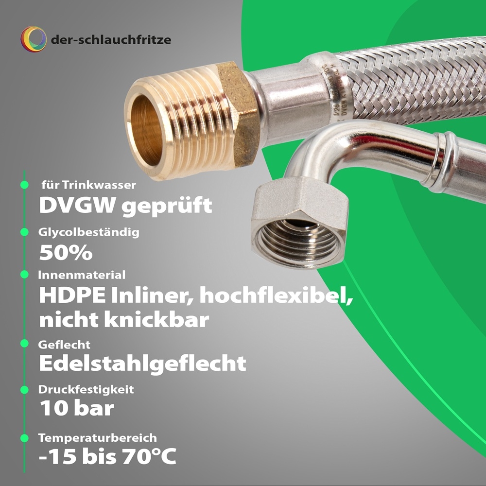 Flexschlauch 1/2"AG x 1/2"Bogen für Trinkwasser, DN13, Inliner HDPE, PN10, -15 bis 70°C