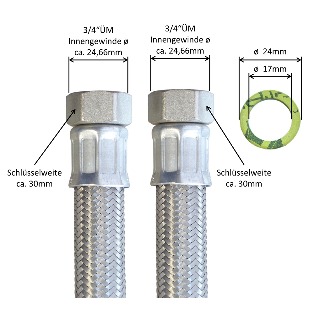 Flexschlauch 3/4"ÜM x 3/4"ÜM, DN19, Inliner EPDM, Geflecht VA, PN10, -20 bis 90°C