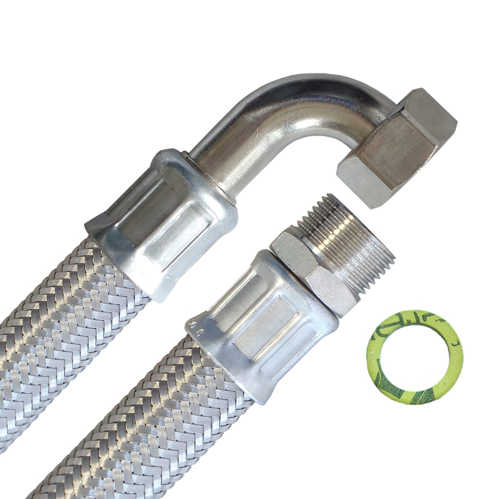 Flexschlauch 3/4"AG x 3/4"ÜM Bogen, DN19, Inliner EPDM, Geflecht VA, PN10, -20 bis 90°C