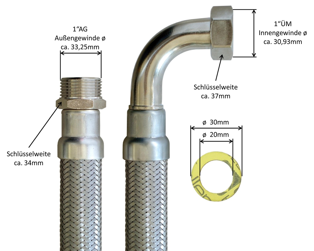 Flexschlauch 1"AG x 1"ÜM Bogen für Trinkwasser, DN25, Inliner HDPE, PN10, -15 bis 70°C, 30cm – Bild 3