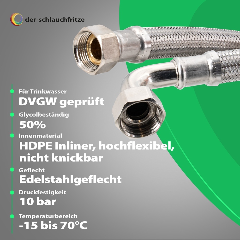 Flexschlauch 3/4"ÜM x 3/4"ÜM Bogen für Trinkwasser, DN19, Inliner HDPE, PN10, -15 bis 70°C