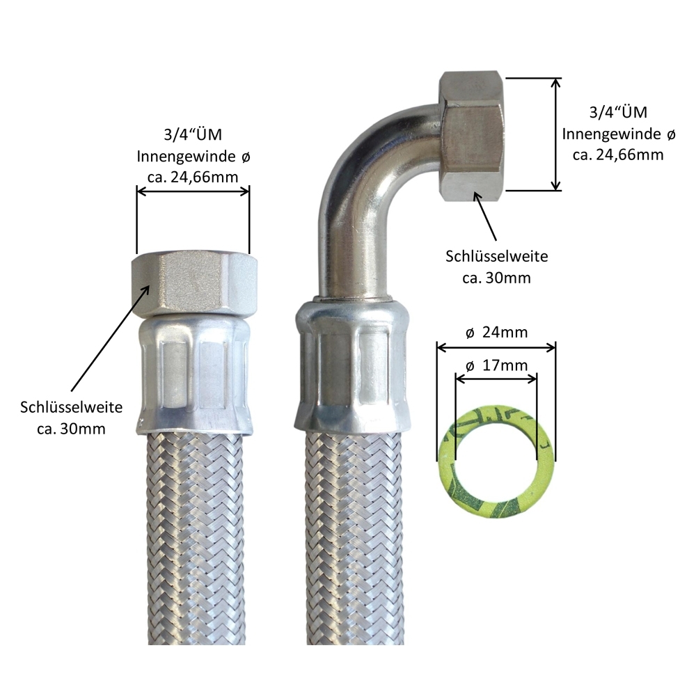Flexschlauch 3/4"ÜM x 3/4"ÜM Bogen, DN19, Inliner EPDM, Geflecht VA, PN10, -20 bis 90°C, 30cm – Bild 3