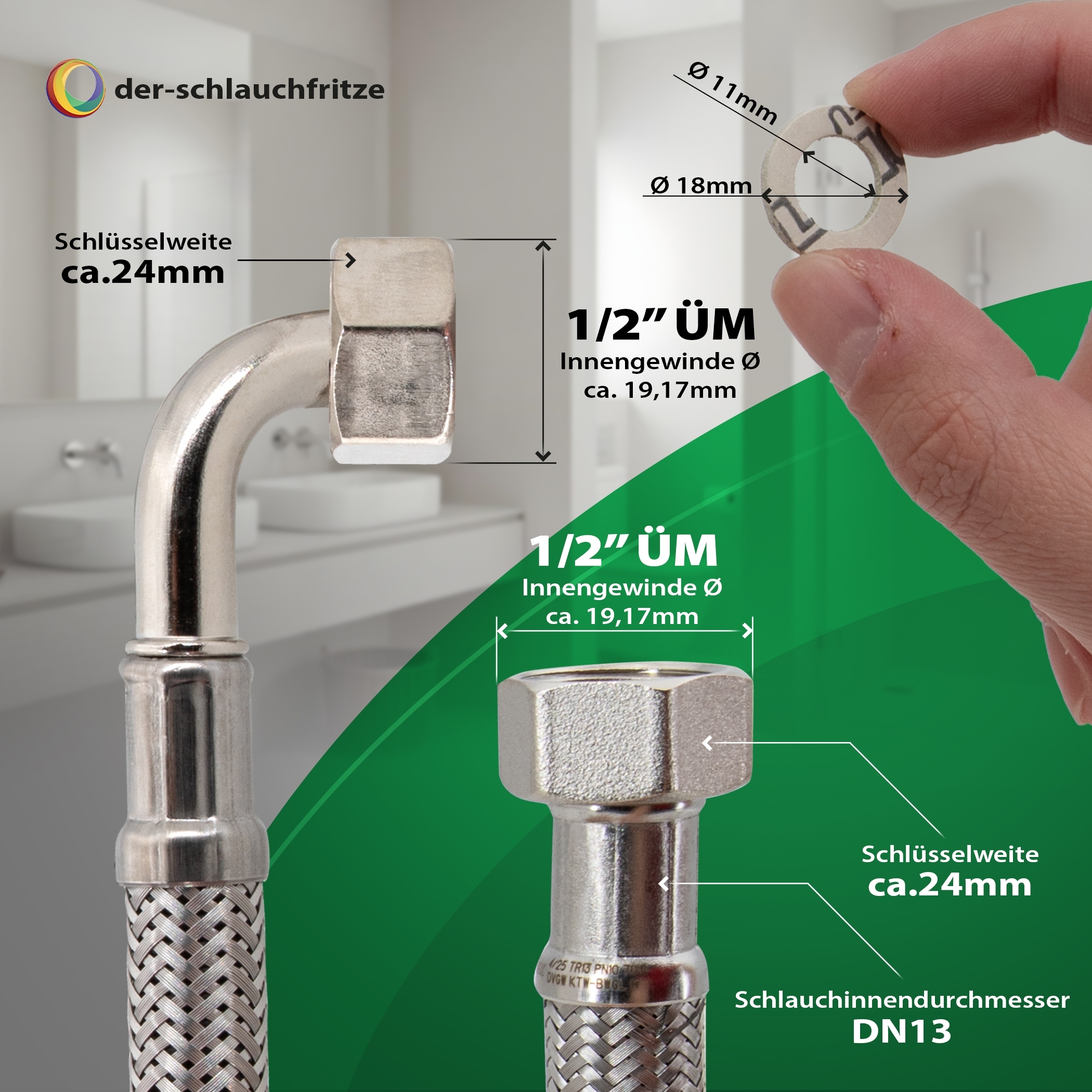 Flexschlauch 1/2"ÜM x 1/2"Bogen für Trinkwasser, DN13, Inliner HDPE, PN10, -15 bis 70°C, 30cm – Bild 3
