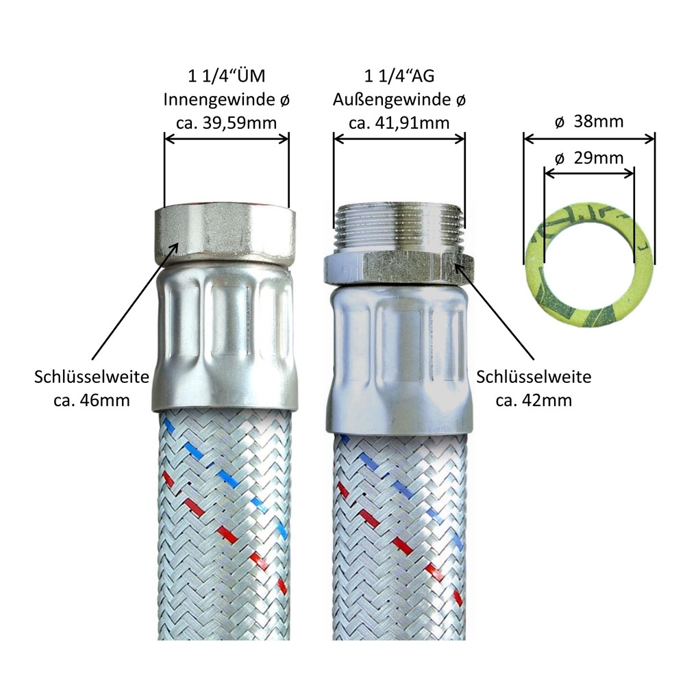 Flexschlauch 1 1/4"ÜM x 1 1/4"AG, DN32, Inliner EPDM, Geflecht verzinkt, PN10, -20 bis 90°C